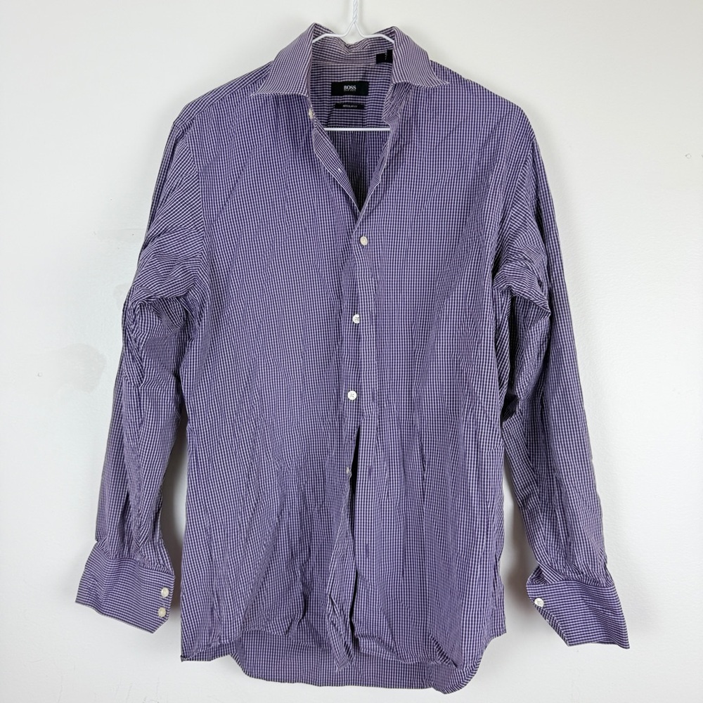 Hugo Boss Purple Gingham Check Dress Shirt Men’s 15.5 32/33 Classic Fit